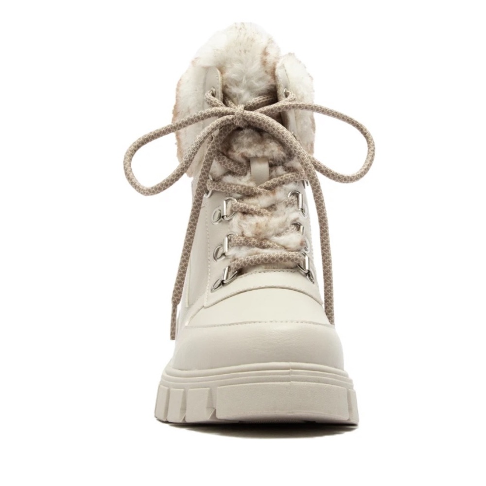 Bone Lace-up Combat boot with faux fur ankle cuff - Picture 13 of 16
